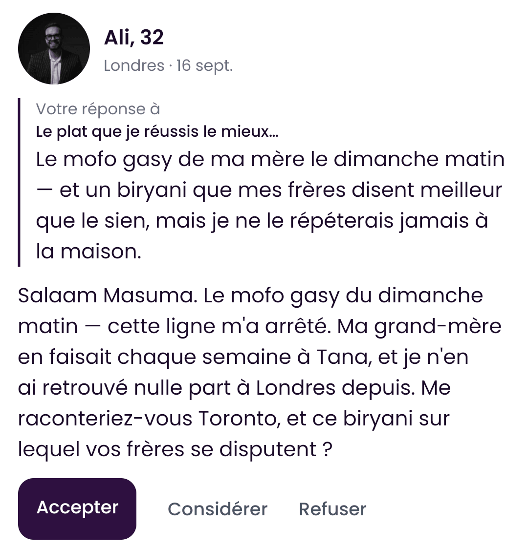 Une lettre d’intérêt d’Ali à Masuma, avec Accepter, Considérer, Refuser